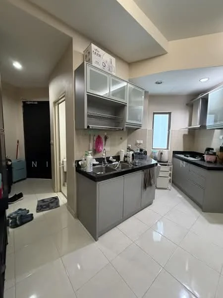 Kitchen features: grey cabinetry, black granite countertop, single-bowl stainless-steel sink, chrome pull-down faucet, built-in oven, freestanding range oven, microwave, ceramic tile flooring, recessed downlights, wall-mounted cabinets, open shelving, tile backsplash, kitchen island, window above sink; style: modern. Room features: white painted walls, door leading to hallway, flooring continues from kitchen.