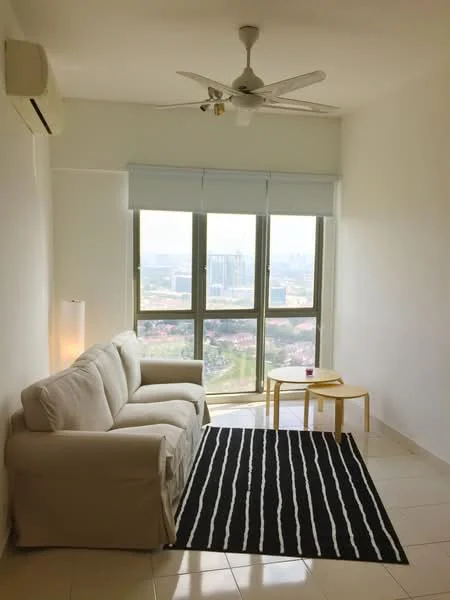 Living features: 3-seater fabric sofa in white, coffee table in yellow, area rug with black and white stripes, floor-to-ceiling windows, curtains, 1 wall-mounted split AC, ceiling fan with light, white painted walls, glossy tile flooring; style: modern; view: city.