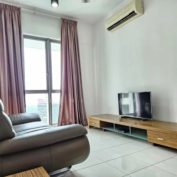 Living features: grey leather sofa, wooden TV console, wall-mounted TV, white painted walls, white ceiling, recessed downlights, floor-to-ceiling windows, curtains in light pink, ceramic tile flooring, 1 wall-mounted split AC; style: modern; view: city.