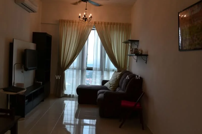 Living features: cream painted walls, glossy tile flooring, chandelier, 5-blade ceiling fan, floor-to-ceiling windows, sheer curtains, dark wood TV console, wall-mounted TV, black shelving unit, brown fabric sofa, coffee table, decorative wall art; style: modern; view: city.