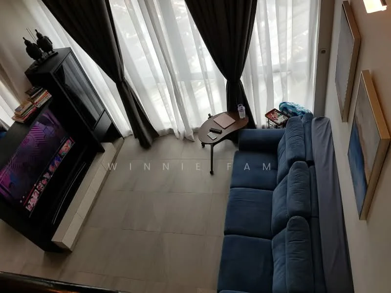 Living features: blue fabric sofa, coffee table, wall-mounted TV, black TV console, floor-to-ceiling windows, sheer curtains, decorative wall art, light-colored tiled flooring; style: modern.