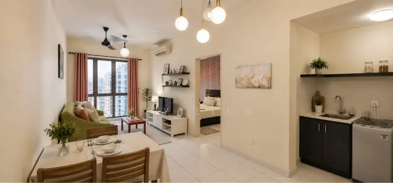 Living features: 3-seater fabric sofa in green, coffee table, TV console, wall-mounted TV, area rug, floor-to-ceiling windows, curtains, ceiling fan with light, recessed downlights, decorative wall art, wooden dining table with 4 chairs; style: modern; view: city. Kitchen features: stainless-steel sink, chrome pull-down faucet, countertop with storage cabinets, built-in washing machine, microwave, kitchen appliances, tile backsplash; style: modern.
