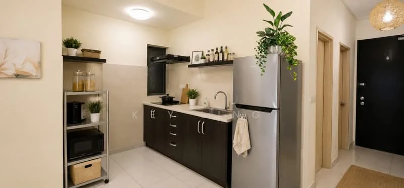 Kitchen features: dark wood cabinetry with handles, white countertop, single-bowl stainless-steel sink, chrome pull-down faucet, built-in stove with hood, stainless-steel fridge, microwave on shelf, open shelving with decorative plants, white tiled backsplash, recessed ceiling lights, ceramic tile flooring, window with black frame, potted plants on countertop; style: modern.
