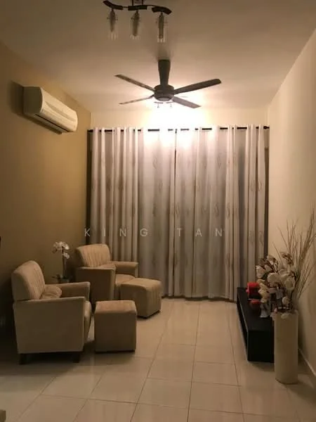 Living features: cream painted walls, white tiled flooring, 5-blade ceiling fan with light, wall-mounted split AC, floor-to-ceiling curtains, two beige armchairs, small footstool, black console table, decorative plants in vase, decorative flowers in vase; style: modern.