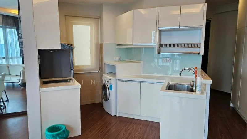 Kitchen features: white glossy cabinetry, single-bowl stainless-steel sink, chrome pull-down faucet, built-in oven, freestanding washing machine, white countertop, light green backsplash, recessed downlights, wood laminate flooring, floor-to-ceiling window, open layout, kitchen island; style: modern; view: city.
