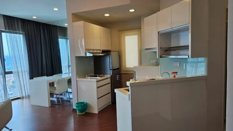 Kitchen features: white cabinetry with flat-panel doors, stainless-steel fridge, built-in oven, 4-burner gas hob, white quartz countertop, single-bowl stainless-steel sink, chrome pull-down faucet, tile backsplash, recessed downlights, wood laminate flooring, floor-to-ceiling windows with city view, open layout to dining area; style: modern; view: city.