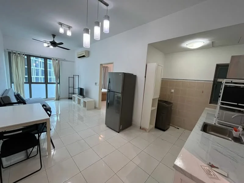 Living features: white painted walls, glossy tile flooring, 5-blade ceiling fan with light, recessed LED downlights, floor-to-ceiling windows, sliding glass door, black dining table with chairs, black sofa, TV console, wall-mounted TV, kitchen island with countertop, stainless-steel fridge, built-in kitchen cabinets, kitchen sink, countertop with backsplash; style: modern; view: city.