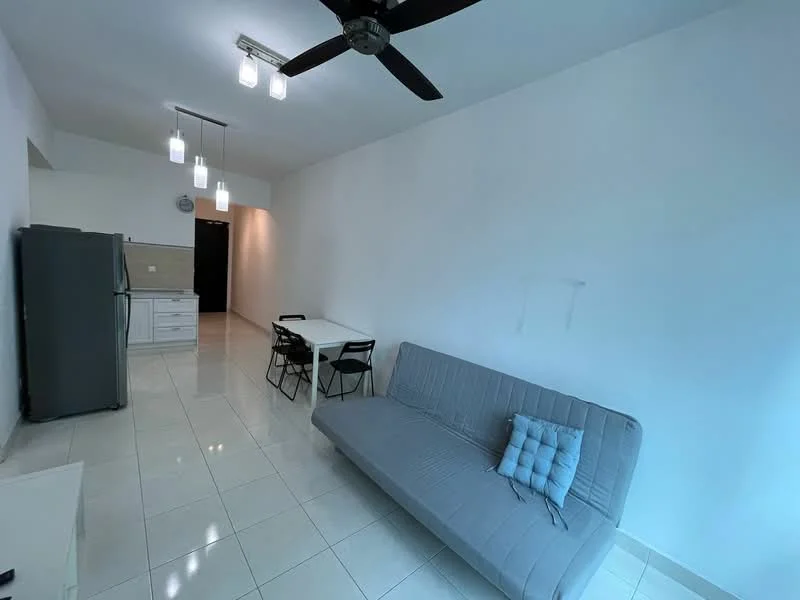 Living features: grey fabric sofa bed, white dining table, black dining chairs, stainless-steel fridge, white cabinetry, white tiled flooring, recessed ceiling lights, 5-blade ceiling fan with light, white painted walls; style: modern.
