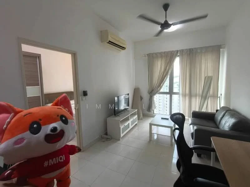 Living features: floor-to-ceiling windows, cream curtains, 3-seater leather sofa in black, TV console in white, wall-mounted TV, ceiling fan, light-colored tiled flooring, decorative wall art, air conditioning unit; style: modern; view: city. Room features: door leading to another room, light-colored walls, wooden door.