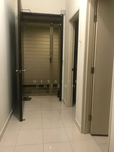 Hallway features: white painted walls, glossy ceramic tile flooring, two doors visible, built-in wardrobe with sliding doors, neutral color scheme, light fixture on ceiling; style: modern.