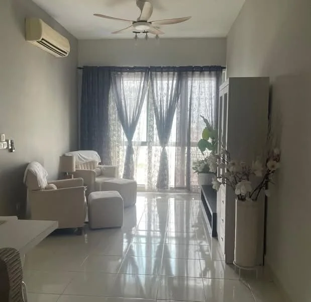 Living features: white painted walls, glossy tile flooring, 5-blade ceiling fan, floor-to-ceiling windows, sheer curtains, two beige armchairs, small side table, decorative plant, TV console, decorative vase with flowers; style: modern; view: city.