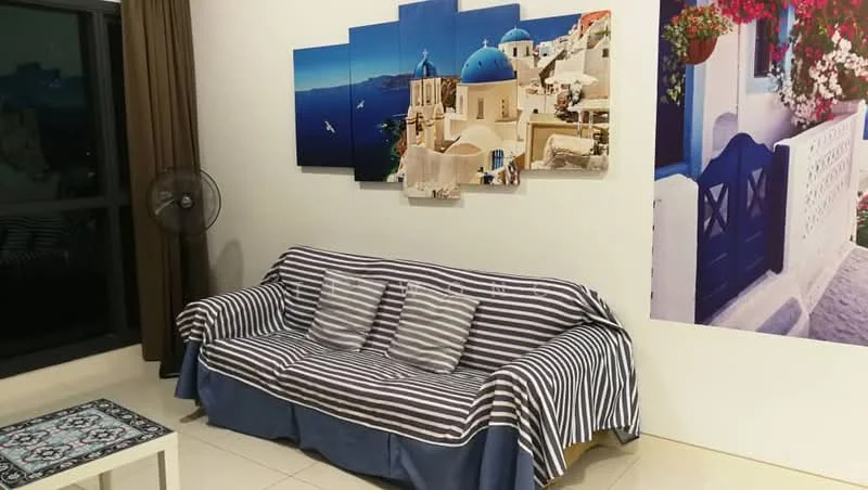 Living features: striped fabric sofa, decorative throw pillows, wall-mounted artwork with blue dome architecture, cream tiled flooring, floor-to-ceiling windows, curtains in dark brown, ceiling fan, decorative area rug with geometric pattern; style: modern.