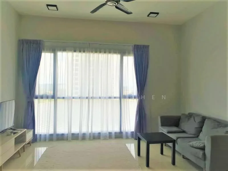 Living features: floor-to-ceiling windows, sheer curtains, 3-blade ceiling fan, light-coloured walls, polished tile flooring, grey fabric sofa, black coffee table, TV console, decorative wall, natural light; style: modern; view: city.