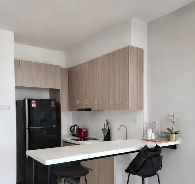 Kitchen features: light wood cabinetry, white countertop, stainless-steel sink, chrome pull-down faucet, black refrigerator, built-in stove, kettle, toaster, bar stools, decorative plant, kitchen utensils, wall-mounted storage, grey painted walls, open layout; style: modern.