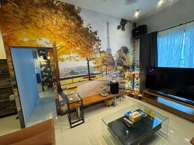 Living features: large wall mural of a park with Eiffel Tower, glass coffee table, wooden side table, TV console with wall-mounted TV, sofa with orange upholstery, white sheer curtains, recessed ceiling lights, tile flooring, decorative floor lamp, shelves with decorative items; style: modern; view: city.