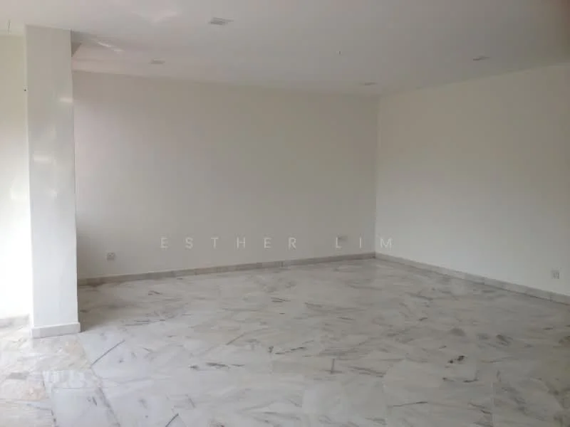 Room features: white painted walls, marble flooring, recessed downlights, open space, no visible furniture, large windows, neutral color scheme, smooth ceiling; style: modern.