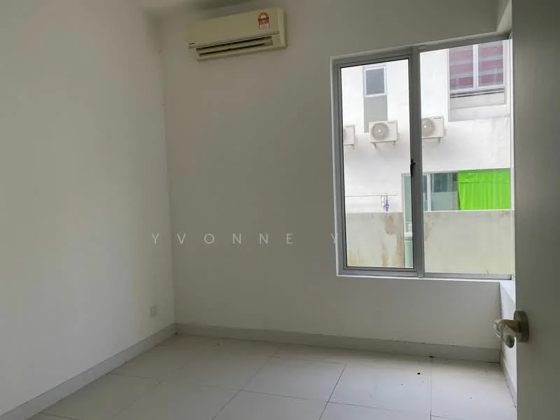 Room features: white painted walls, tile flooring, 1 wall-mounted split AC, floor-to-ceiling window, curtains, window with view of exterior wall, light switch, door handle.