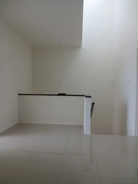 Room features: white painted walls, glossy tile flooring, high ceiling, bar counter with black countertop, open space, natural light from upper area; style: modern.