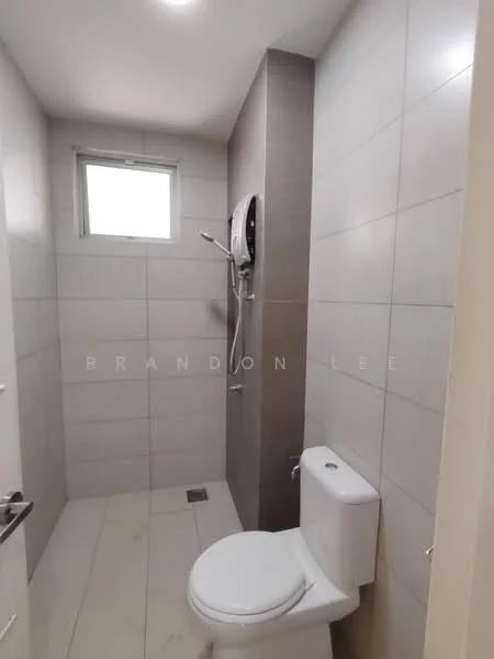 Bathroom features: white toilet, shower with handheld shower head, grey tile walls, light-colored tile flooring, small window, chrome shower valve, wall-mounted shower unit, sliding door, built-in drainage, neutral color scheme; style: modern.