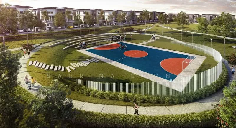Exterior type: landscape garden; features: multi-purpose sports court with blue and orange markings, surrounding green lawn, landscaped garden with shrubs, seating area with steps, walking path, fenced perimeter, trees providing shade, residential buildings in background; style: modern.