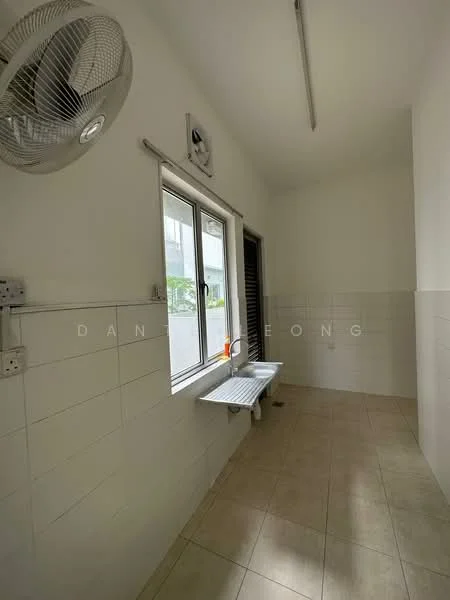 Laundry features: white tiled walls, cream tiled flooring, wall-mounted ceiling fan, window with white frame, metal folding table, light fixture on ceiling, sliding door, drainage outlet.