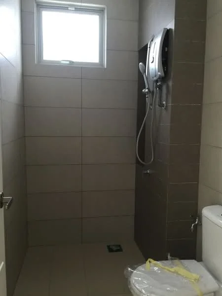 Bathroom features: shower with handheld showerhead, wall-mounted water heater, white toilet, light beige tile walls, light beige tile flooring, window for natural light, chrome faucet, glass shower enclosure; style: modern.
