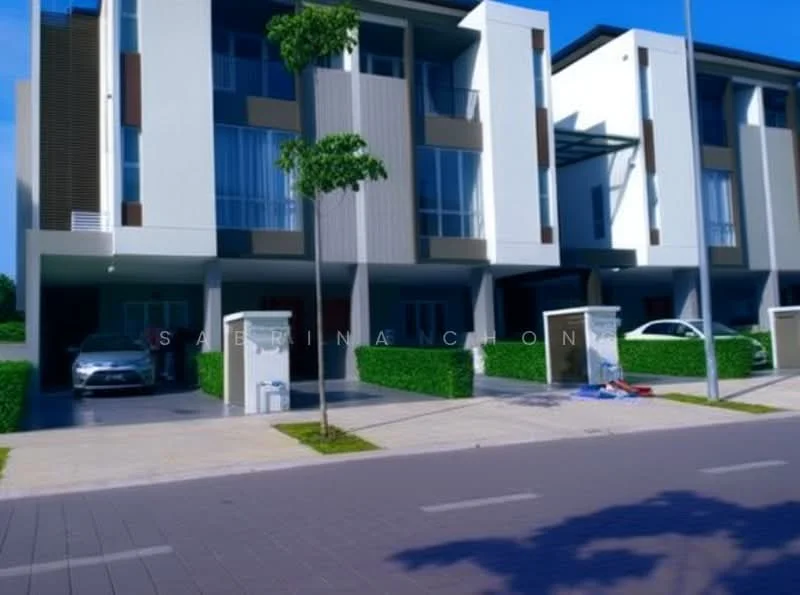 Exterior type: linked terrace house; features: white painted facade, glass windows, manicured lawn, paved walkway, car porch, two-storey structure, surrounded by greenery; style: modern.