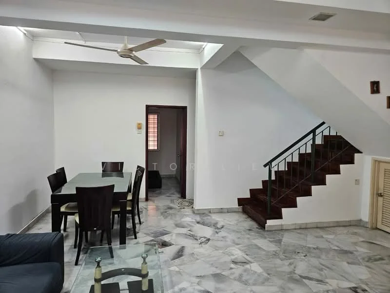 Living features: marble flooring, white painted walls, 5-blade ceiling fan, dining table for 6, dark wooden dining chairs, sofa in dark fabric, glass coffee table, staircase with wooden steps, window with natural light, decorative wall art; style: modern.