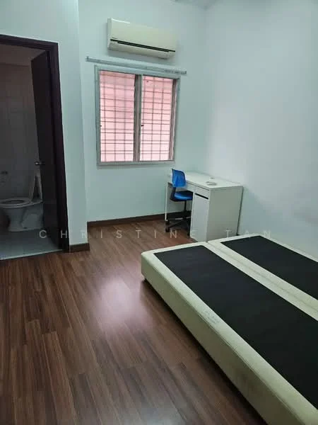 Bedroom features: wooden flooring, white painted walls, window with grid pattern, air conditioning unit, study desk with chair, unmade bed frame, built-in wardrobe, light fixture on ceiling.