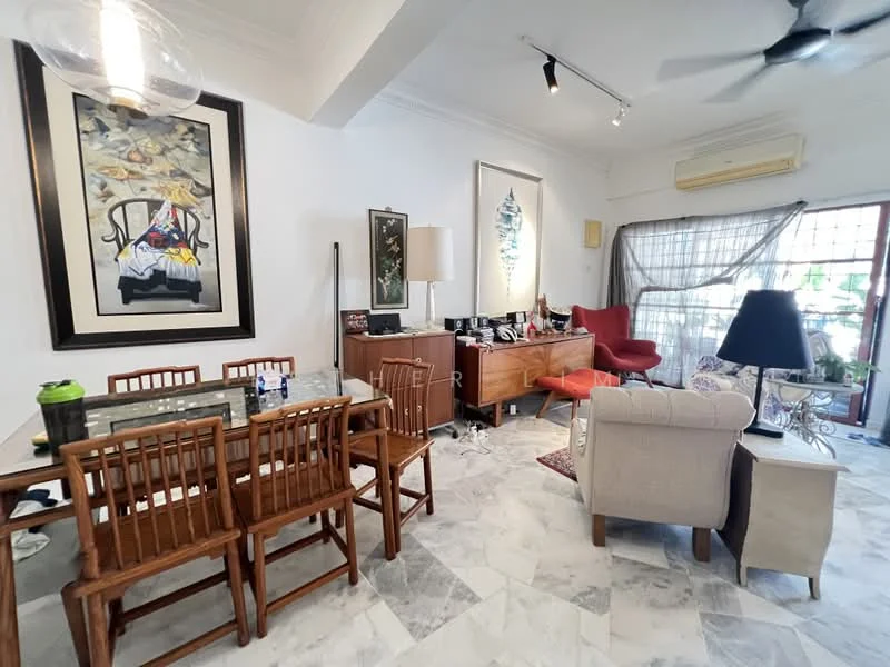 Living features: marble flooring, white painted walls, ceiling fan, sofa in red fabric, armchair in light fabric, wooden dining table with 6 chairs, sideboard cabinet, decorative artwork on walls, table lamp, window with sheer curtains, decorative rug; style: contemporary.