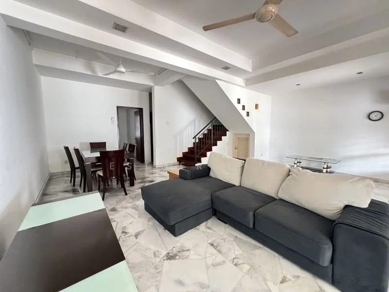 Living features: L-shape sectional sofa in grey, marble flooring, 5-blade ceiling fan, recessed downlights, wall-mounted clock, decorative wall accents, open-plan layout, large windows, dining area with 4-seater dining table, staircase leading to upper floor; style: modern.