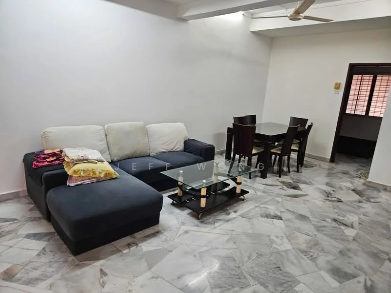 Living features: 3-seater fabric sofa in dark blue, coffee table with glass top, marble flooring, ceiling fan, dining table with 4 chairs, white painted walls, natural light from windows, decorative cushions on sofa; style: modern.