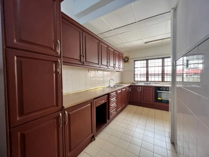 Kitchen features: dark wood cabinetry, laminate countertop, single-bowl stainless-steel sink, chrome pull-down faucet, built-in oven, 4-burner gas hob, white tiled backsplash, white tiled flooring, window with grid pattern, overhead cabinets, under-counter storage, kitchen island, light fixture, wall-mounted exhaust hood; style: traditional.