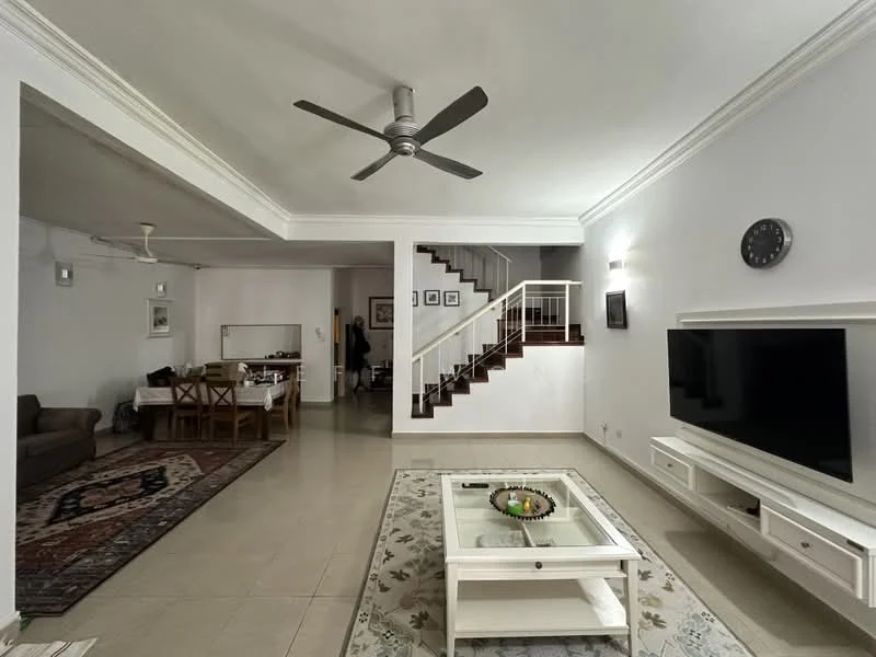 Living features: 5-blade ceiling fan, wall-mounted TV, white TV console, coffee table, area rug with geometric pattern, cream tiled flooring, white painted walls, crown moulding, decorative wall clock, staircase with wooden railing; style: modern. Dining features: dining table with wooden chairs, white walls, cream tiled flooring; style: modern.
