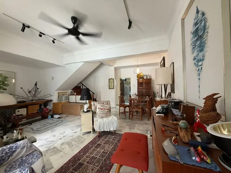 Living features: marble flooring, 5-blade ceiling fan, track lighting, wooden sideboard, decorative artwork, area rug with geometric pattern, upholstered armchair, wooden dining table, dining chairs, staircase, wall-mounted decor, potted plants; style: modern.
