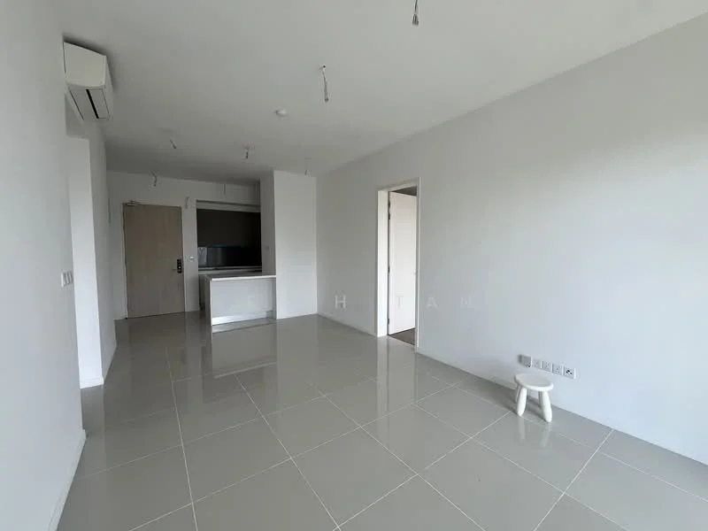 Living features: white painted walls, glossy ceramic tile flooring, recessed downlights, air conditioning unit, open layout, doorway leading to another room, kitchenette area visible, neutral color scheme; style: modern.