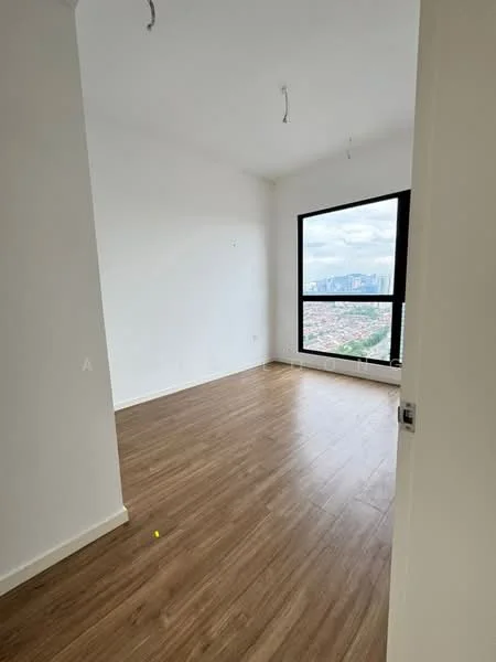 Room features: white painted walls, laminate flooring, large floor-to-ceiling window, city view, two ceiling light fixtures; style: modern; view: city.
