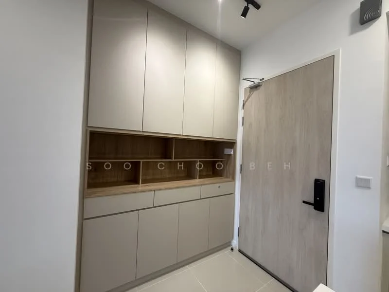 Room features: light grey cabinetry, wooden open shelving, white walls, grey tiled flooring, door with black handle, recessed lighting, built-in storage, minimalist design; style: modern.