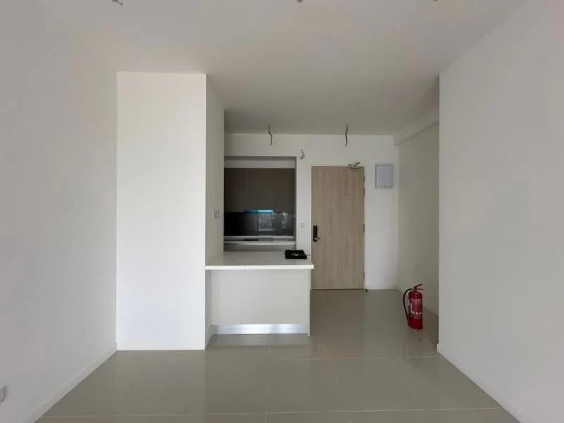 Room features: white painted walls, light-colored tiled flooring, kitchen counter with bar seating, built-in kitchen cabinetry, stainless-steel kitchen appliances, fire extinguisher, door leading to the exterior, recessed ceiling lights; style: modern.