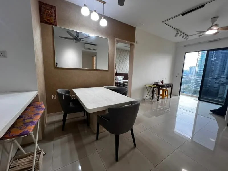 Dining features: dining table, 4 dining chairs, mirror on wall, pendant lighting, ceiling fan, white walls, glossy tile flooring, large window with city view; style: modern; view: city. Room features: light-colored walls, floor-to-ceiling windows, open layout.