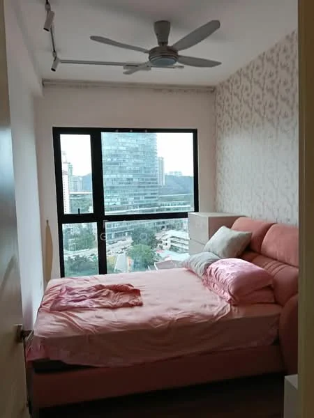 Bedroom features: king-size bed with pink bedding, upholstered headboard, floor-to-ceiling windows, city view, 5-blade ceiling fan, light pink wallpaper with floral pattern, wooden flooring, built-in bedside table; style: modern; view: city.