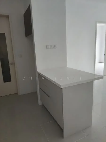 Kitchen features: white countertop, kitchen island, built-in cabinetry, light grey tiled flooring, white walls, modern cabinet handles, single drawer, wall-mounted storage above countertop; style: modern.