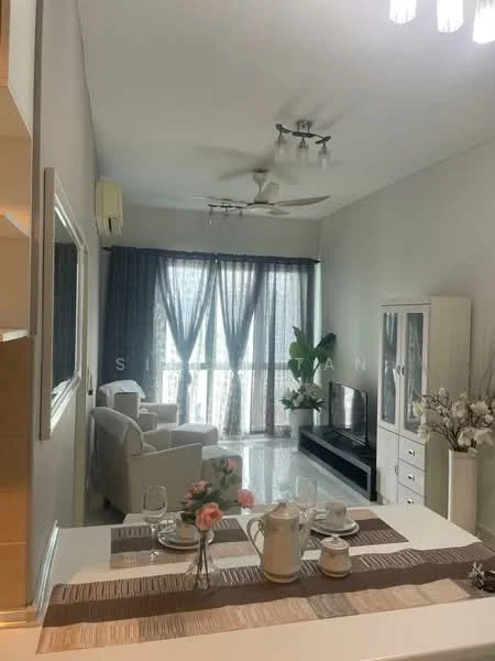 Living features: white painted walls, polished tile flooring, 5-blade ceiling fan with light, floor-to-ceiling windows with sheer curtains, light grey sofa, TV console, wall-mounted TV, decorative plants, decorative vase with flowers, dining table set with tableware, recessed lighting; style: modern; view: city.