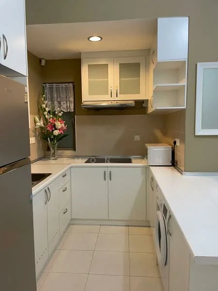 Kitchen features: white cabinetry with glass-front upper cabinets, stainless-steel fridge, built-in oven, ceramic cooktop, single-bowl stainless-steel sink, chrome pull-down faucet, white countertop, tile backsplash, washing machine, recessed downlights, window with sheer curtains, decorative flowers in vase, light-colored tile flooring; style: modern.