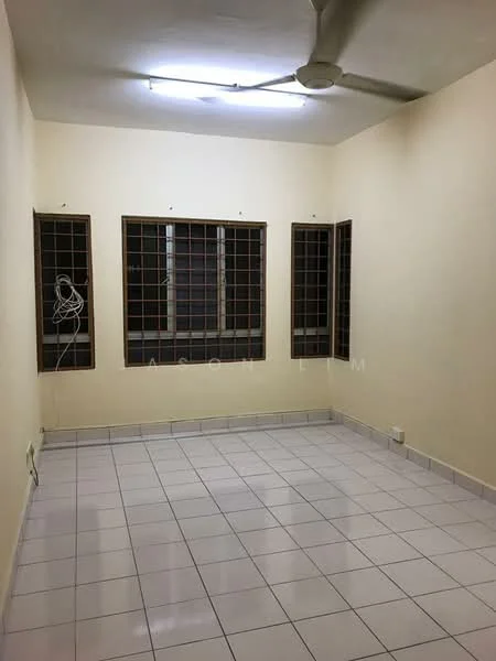 Room features: cream painted walls, white tiled flooring, ceiling fan, grilled windows, multiple windows, neutral color scheme, no visible furniture, fluorescent ceiling light; style: minimalist.