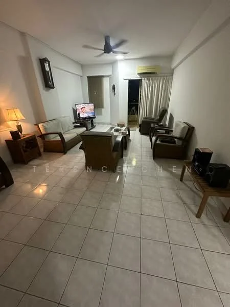 Living features: white painted walls, glossy ceramic tile flooring, 5-blade ceiling fan, sofa set with beige upholstery, wooden coffee table, side tables with lamps, wall-mounted TV, curtains on window, floor-to-ceiling window, decorative wall art; style: modern.