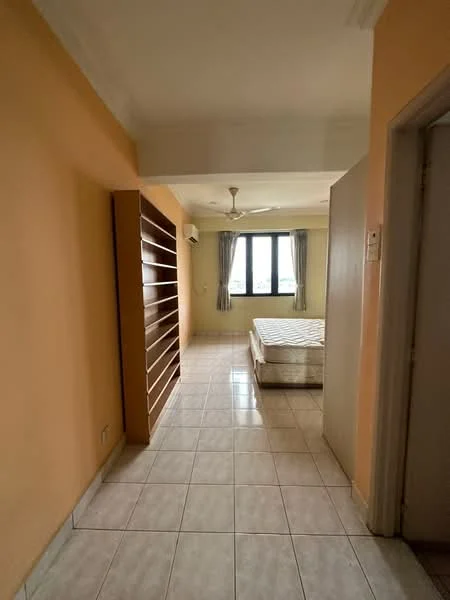 Room features: orange painted walls, white ceiling, ceramic tile flooring, floor-to-ceiling windows, curtains, ceiling fan, built-in shelving unit, unmade bed with mattress; view: city.