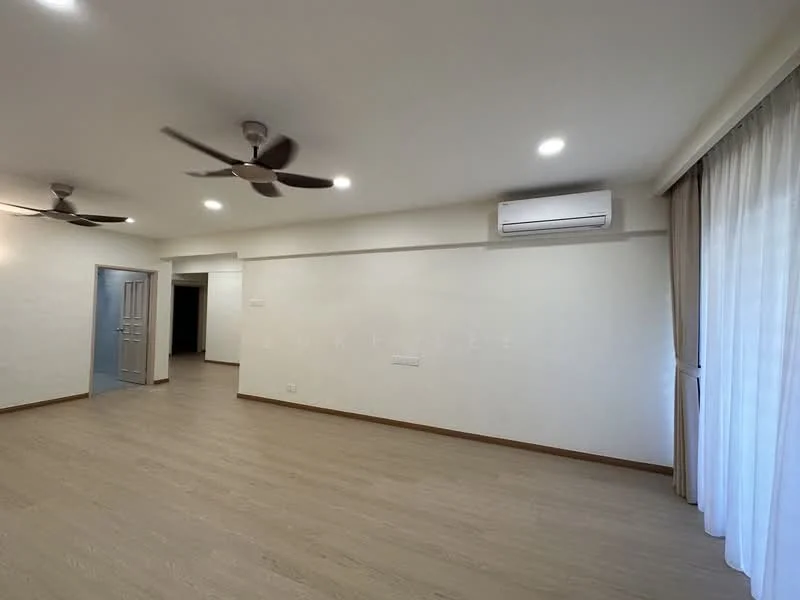 Living features: light wood laminate flooring, white painted walls, recessed downlights, 2 ceiling fans, split air conditioning unit, floor-to-ceiling windows with sheer curtains, neutral color scheme, open layout; style: modern. Room features: white painted walls, light wood laminate flooring, doorway leading to another room.