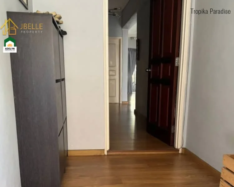 Room features: wooden flooring, light grey painted walls, doorway leading to another room, closet or cabinet, neutral decor, natural light from hallway, baseboards, door with panel design; style: modern.