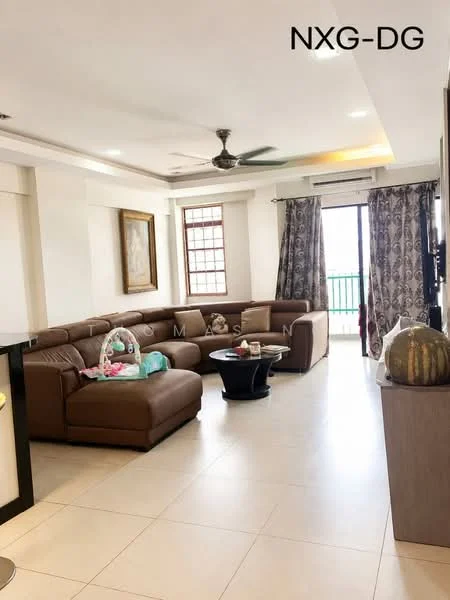 Living features: L-shape sectional sofa in brown leather, coffee table, 5-blade ceiling fan with light, floor-to-ceiling windows, curtains with floral pattern, cream painted walls, tile flooring, decorative artwork on wall, balcony access, area rug; style: modern; view: city.